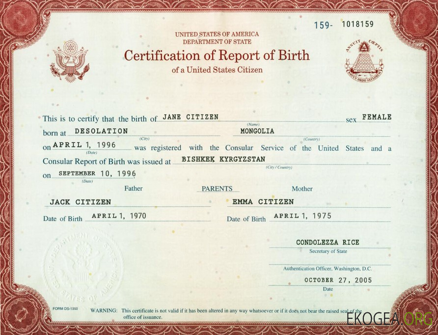 USA certification du rapport de naissance Washington 1